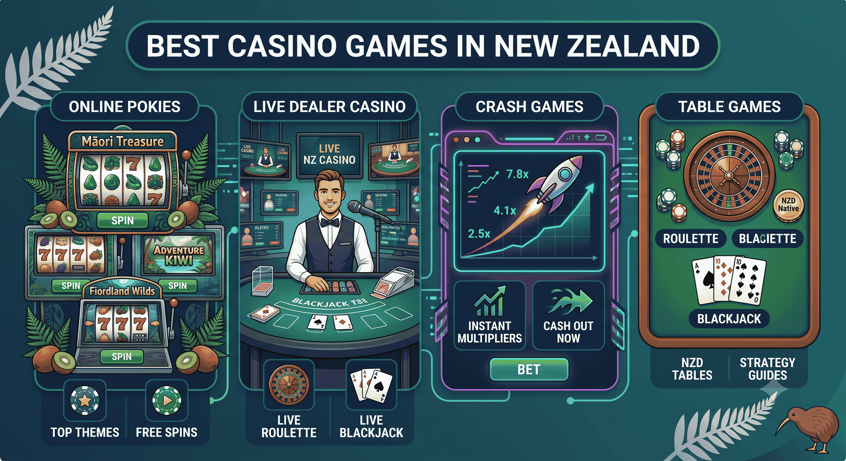 A selection of popular pokie and live dealer games available at best online casinos